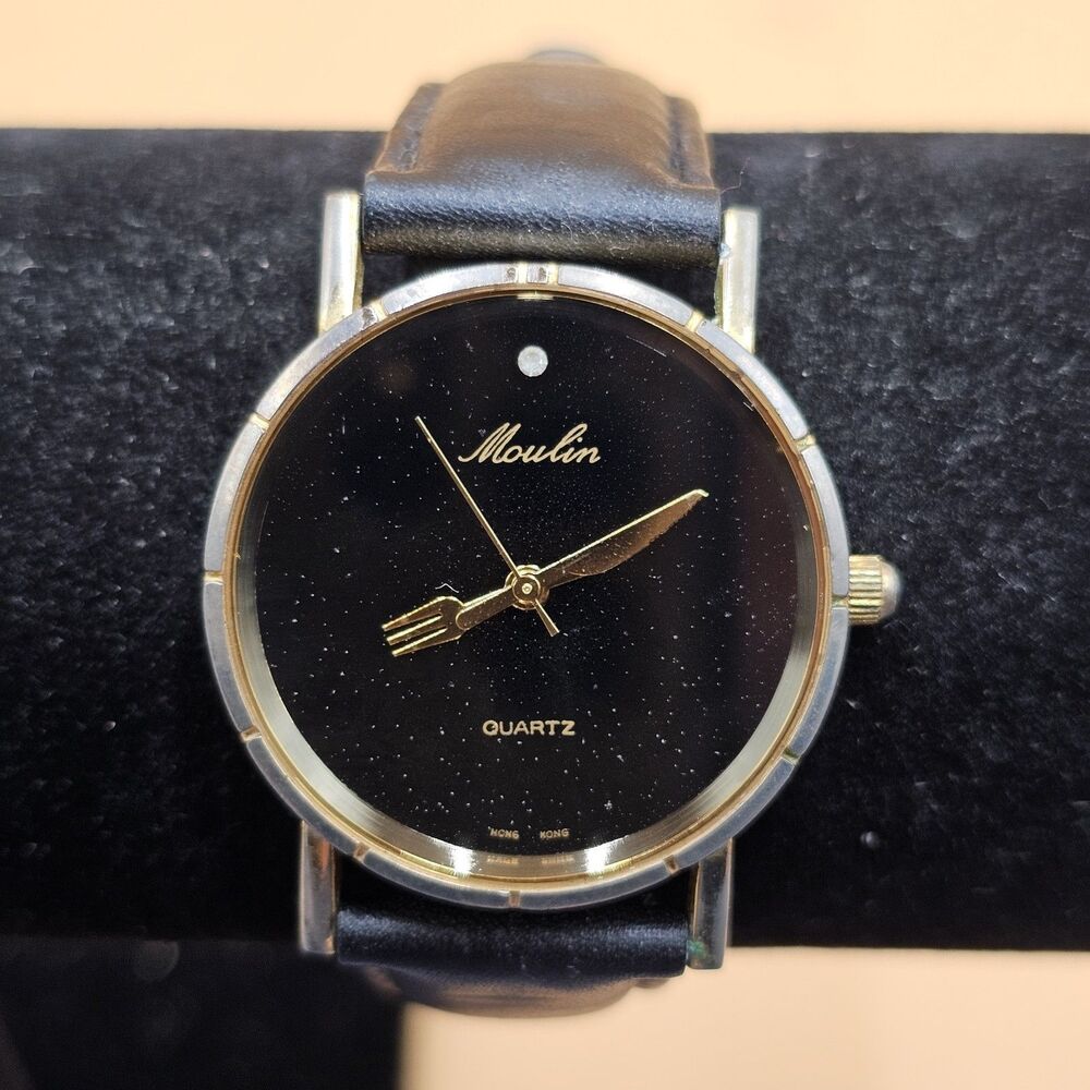 Vintage Moulin Novelty Watch Fork and Knife Hands Black Dial Gold Tone Quartz